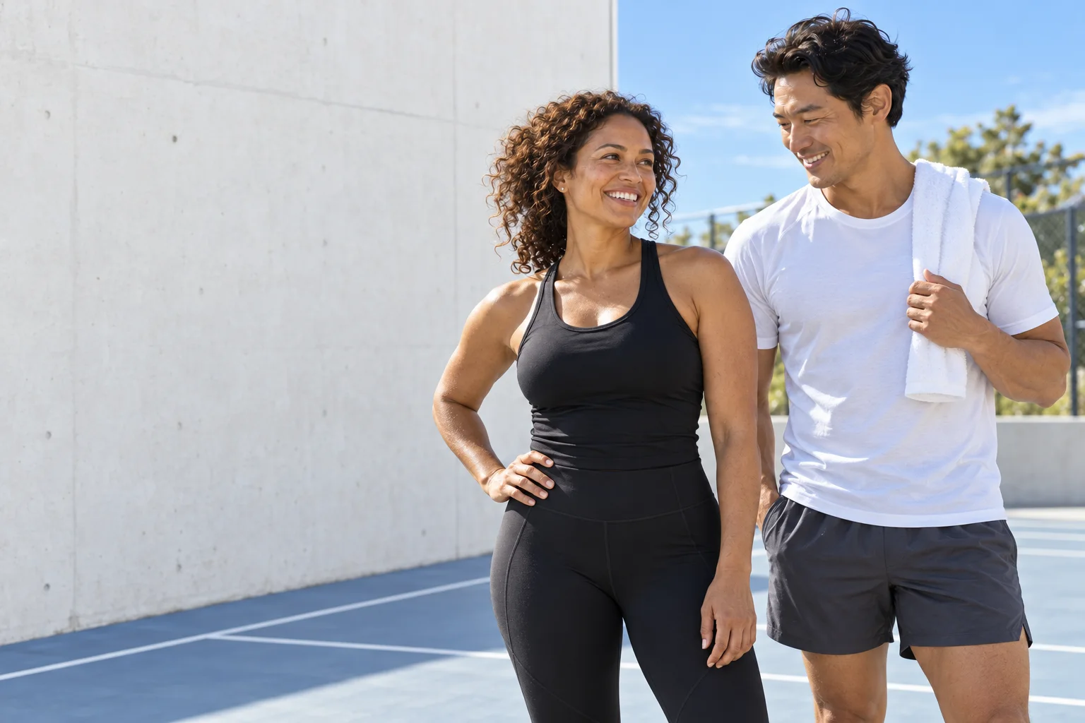 Fictional models Maya and Alex taking a break at an outdoor fitness court