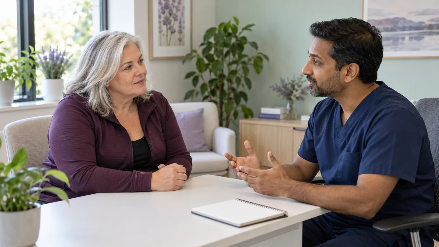 Illustrative conversation between an adult woman and a clinician in a consultation room