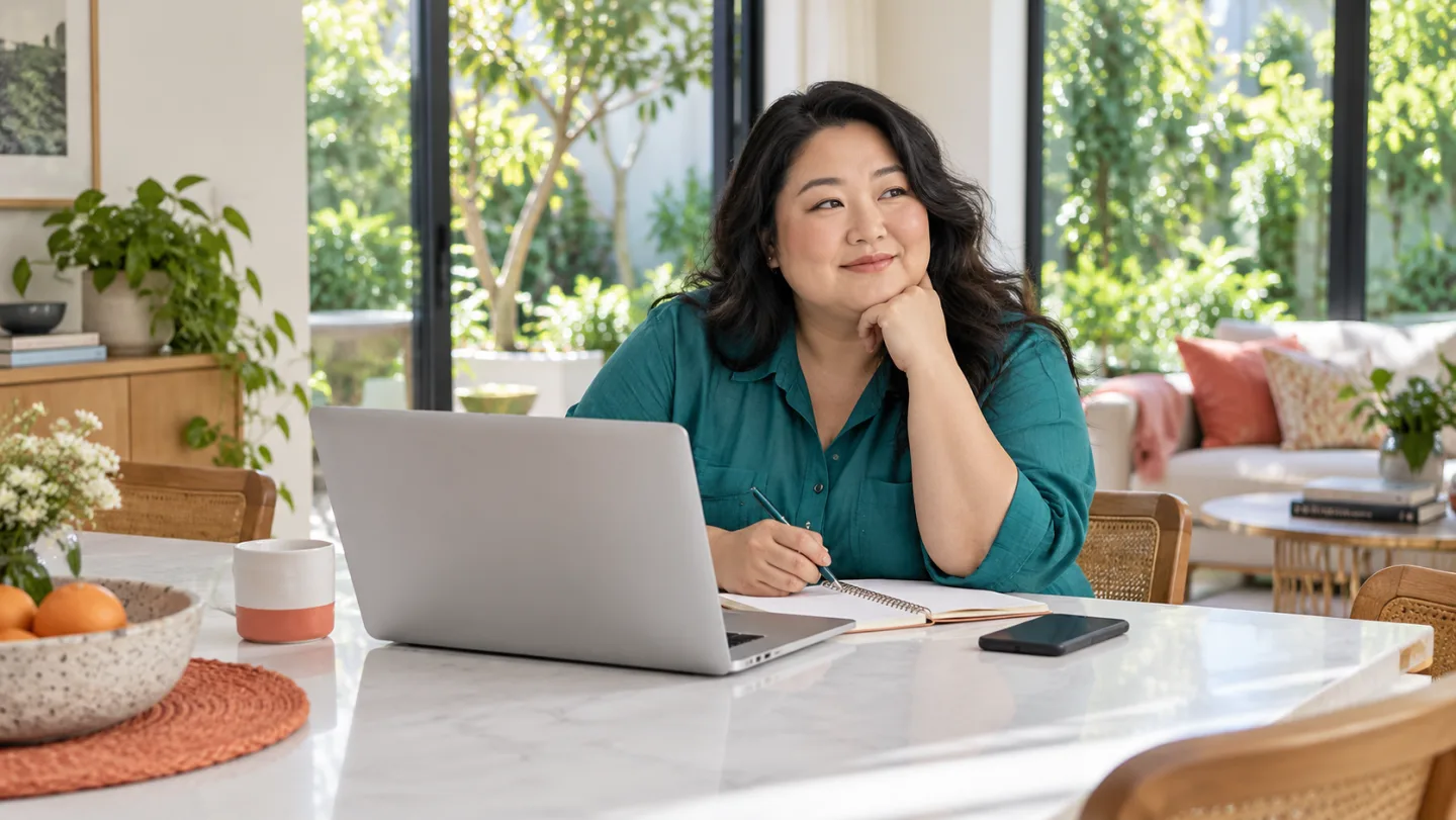 Illustrative scene of a woman preparing for an online visit at home