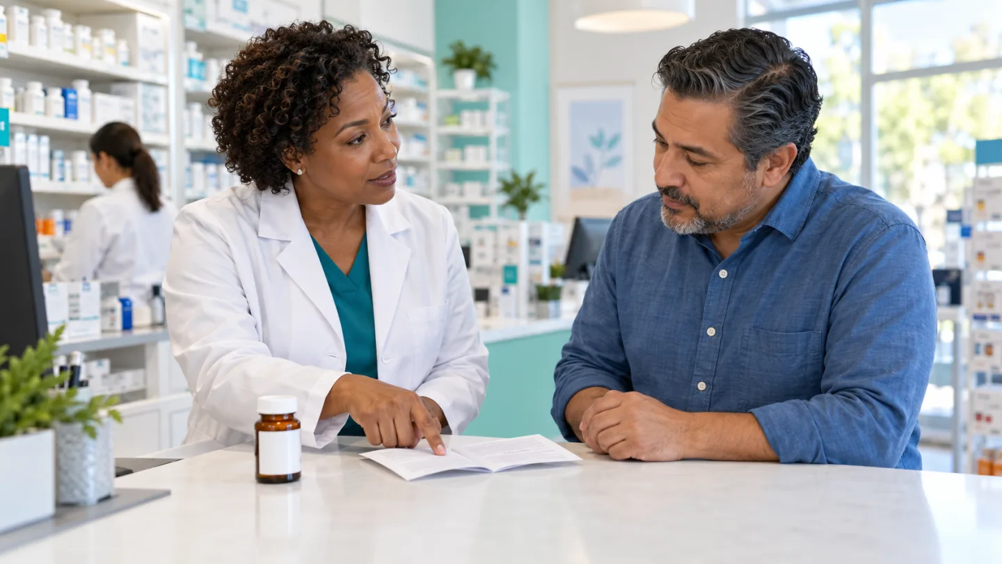 Illustrative conversation between a pharmacist and an adult at a pharmacy counter