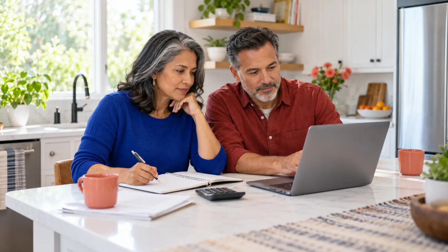 Illustrative scene of two adults comparing a notebook and laptop at home