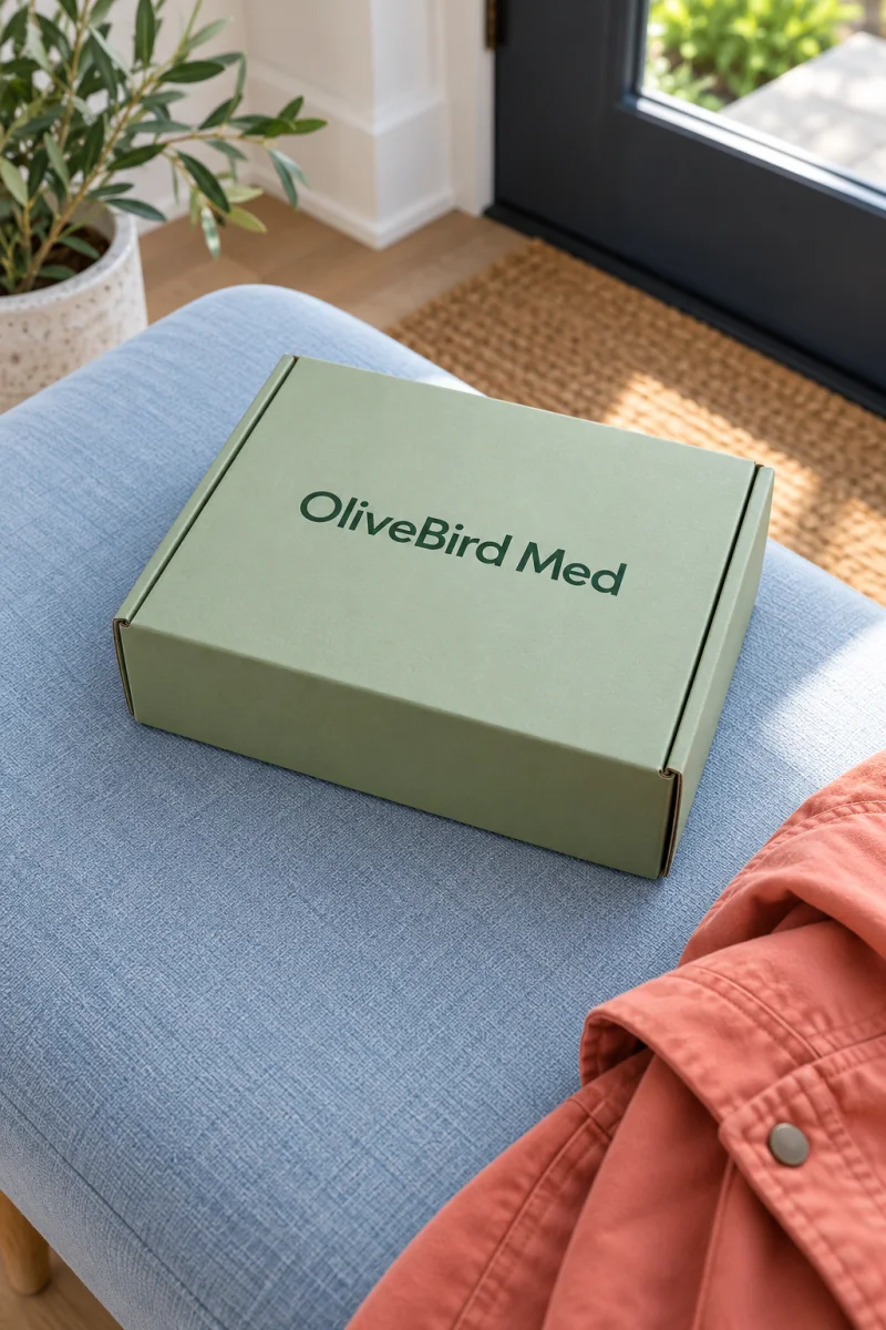 Illustrative OliveBird Med package on a blue entryway bench