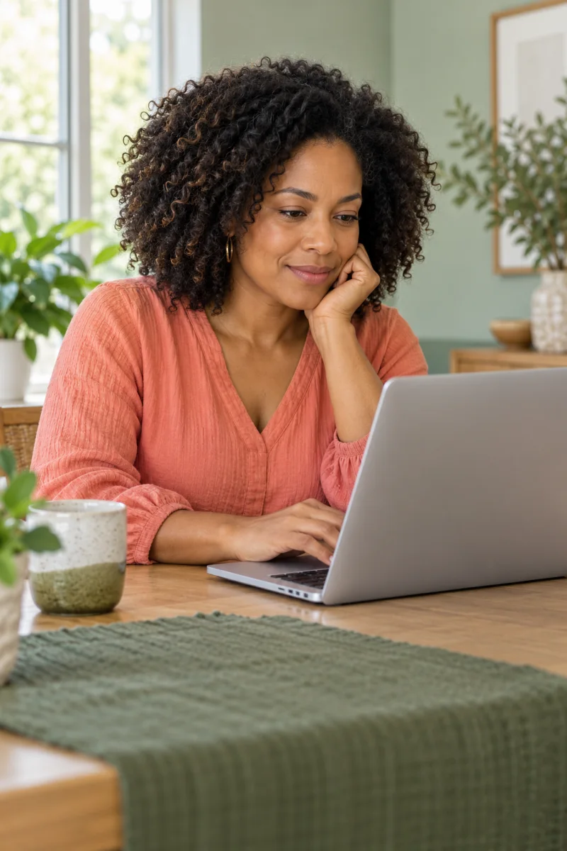 AI-generated model at home with a laptop, illustrating an online visit