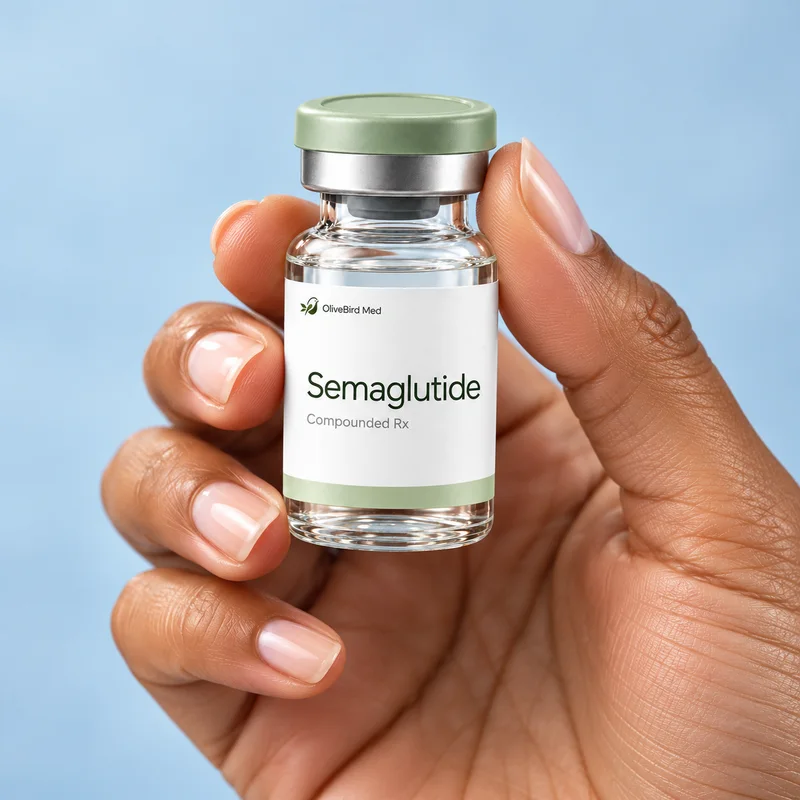 Hand holding an illustrative OliveBird Med Semaglutide vial