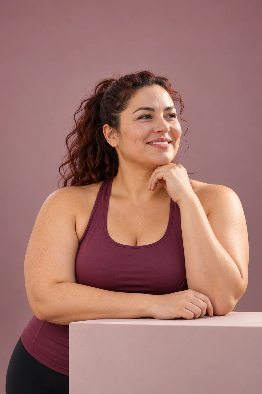 Elena, a fictional campaign model, in a plum athletic top