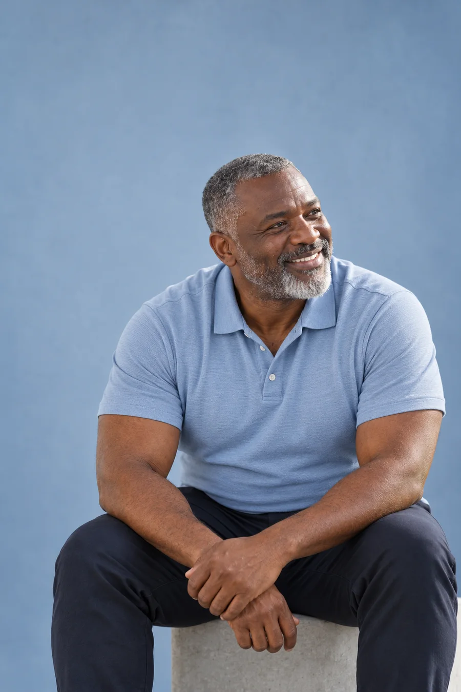 Jordan, a fictional campaign model, in a light blue polo