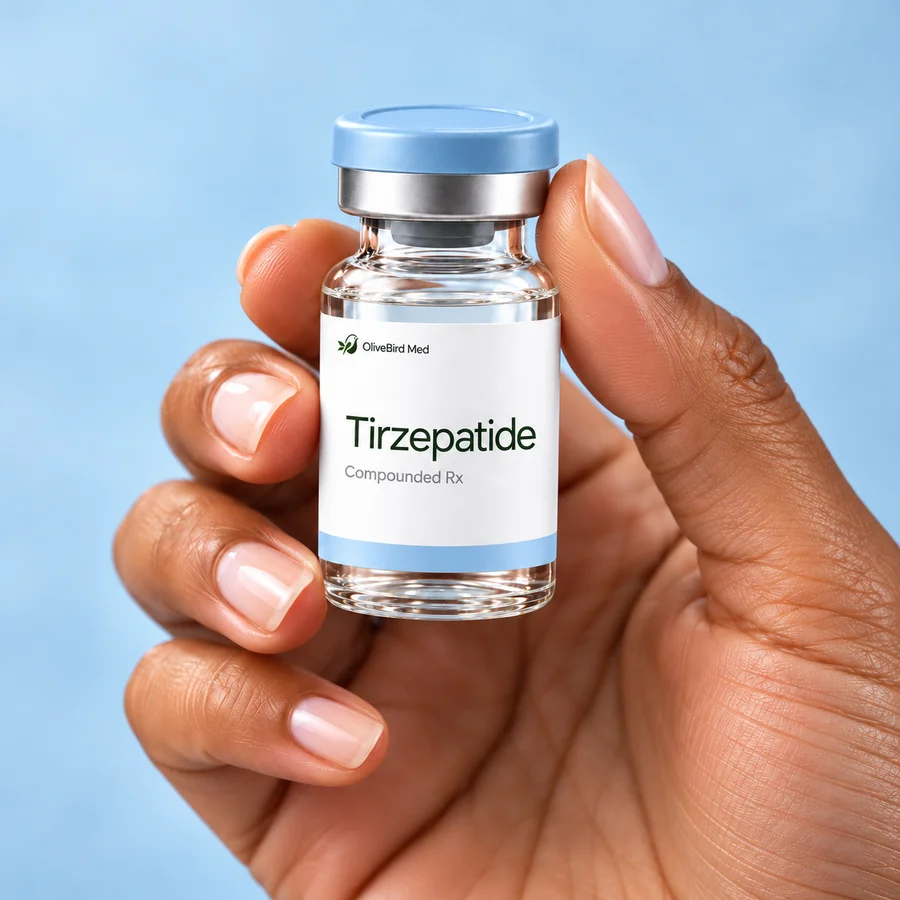 Hand holding an illustrative OliveBird Med Tirzepatide vial