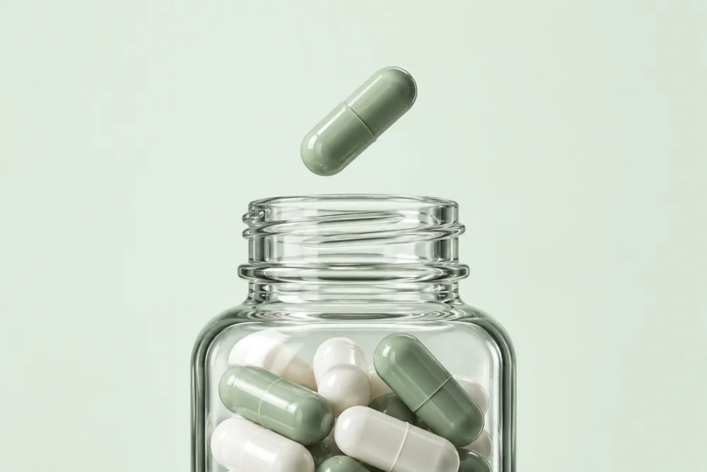 Illustrative glass pharmacy bottle with sage and white capsules